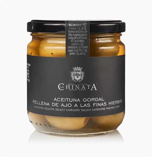 Gordal oliver fyllda med vitlök/fina örter 340 g la chinata