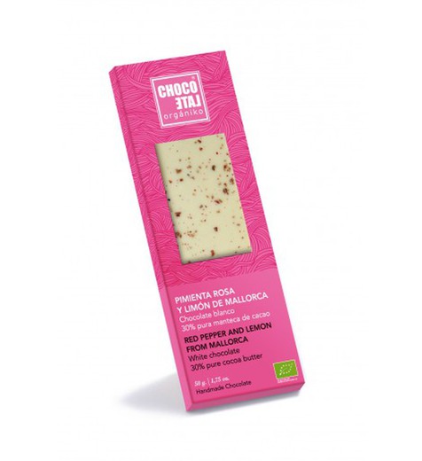 White chocolate 30% cocoa butter, pink pepper and lemon from Majorca organic