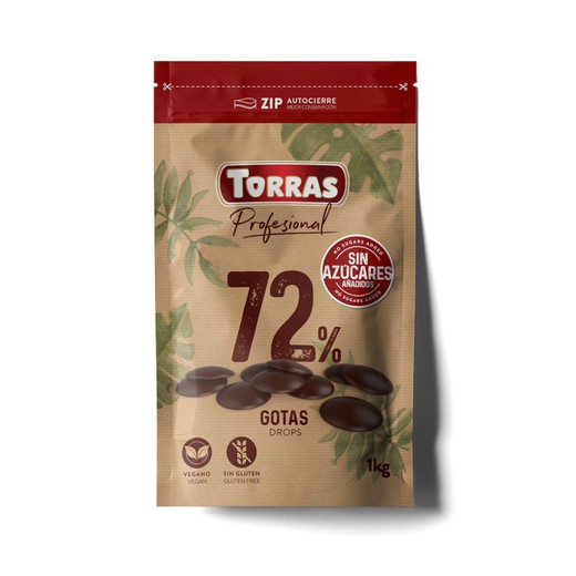 Σοκολατένια κάλυψη σταγόνες χωρίς ζάχαρη 72% torras 1kg