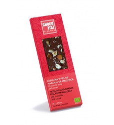 Melkchocolade 36% cacao, hazelnoot en sinaasappelschil uit mallorca organiko