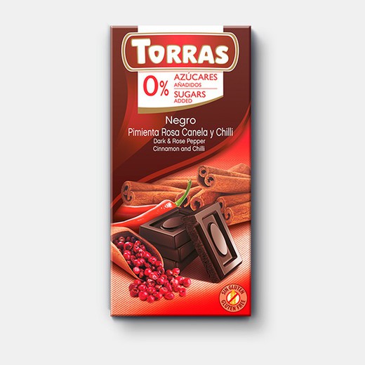 Zwarte chocolade peper kaneel chili torras zonder toegevoegde suiker 75 grs