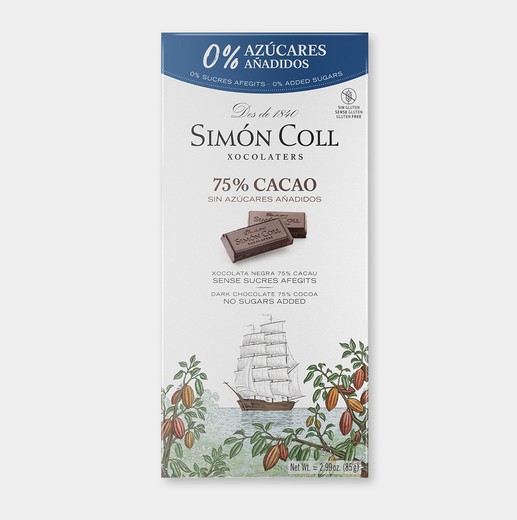 Chocolate sem açúcar 75% simon coll 85 grs