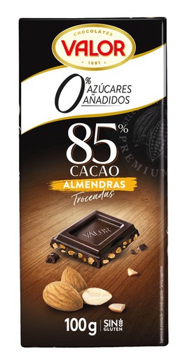 Chocolate Valor 85% Sin Azúcar Almendra Trozos 100 Grs Tableta
