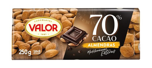Chocolate Valor Negro 70% Almendras 250 Grs Tableta