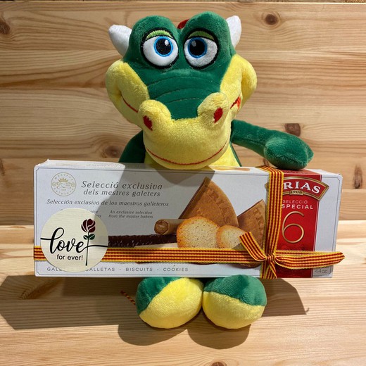 Assorted trias biscuits 125 grs special Sant Jordi with large dragon teddy