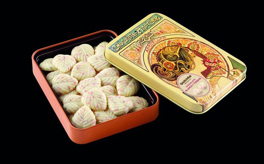 White chocolate and strawberry leaf amatller metal box 60 grs