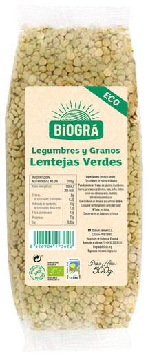 Lentejas Verdes 500g Legumbres Ecológicos Biogra 250 grs