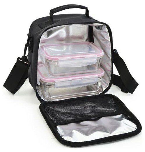 Portacomida lunchbag basic gris + contenedor vidrio 570 + contenedor vidrio 840ml iris