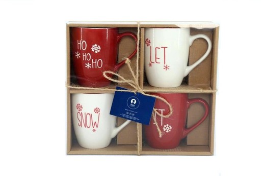 Set van 4 porseleinen kerstbekers 360 ml rood