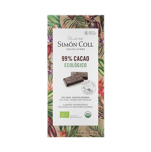 Organic chocolate bar simon coll 99% 85 grs