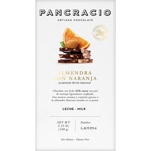 Tableta Chocolate Leche Almendra Naranja Pancracio 100 grs