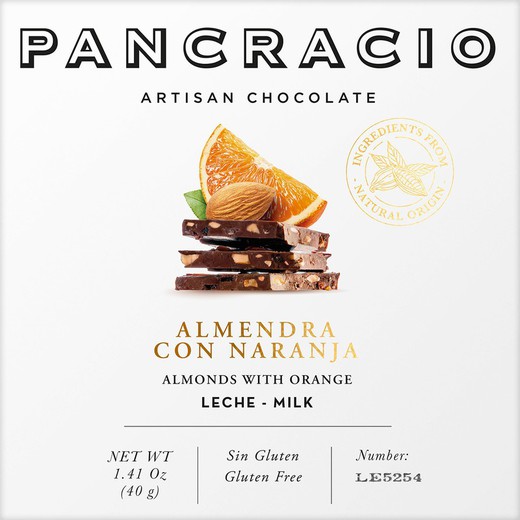 Tableta Chocolate Leche Almendra Naranja Pancracio 40 grs