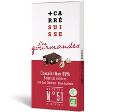 Tablette de chocolat noir 69% aux noisettes Cacao Carré Suisse 100 grs