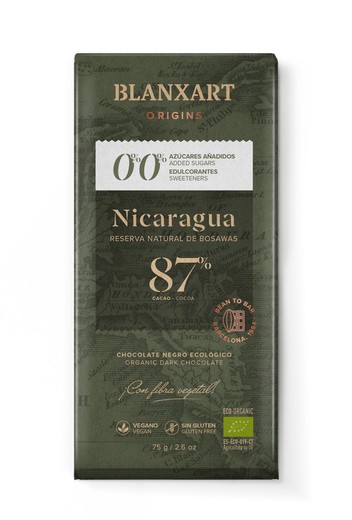 Tableta Chocolate Nicaragua 87% 75 grs Blanxart Sin Azúcar Añadido