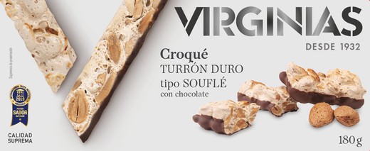 Turrón croqué duro inflado con chocolate. Virginias 180g, sin gluten