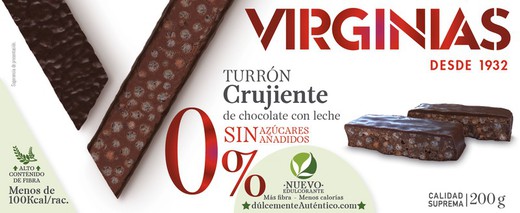 Turrón crujiente de chocolate leche sin azúcar añadido virginias 200 grs sin gluten