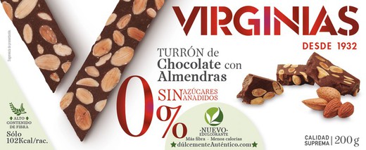 Turrón de chocolate con almendras sin azúcar añadido virginias 200 grs sin gluten