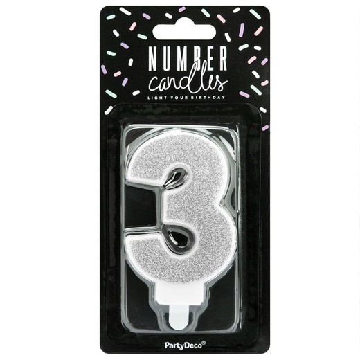 Silver birthday candle number 3 partydeco
