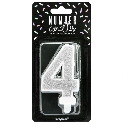 Silver birthday candle number 4 partydeco