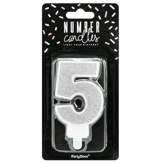 Silver birthday candle number 5 partydeco