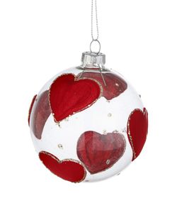Glass Christmas tree ornament ball with red hearts