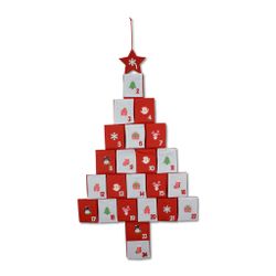 Calendario de Adviento Navideño Árbol con Adornos de Madera y Fieltro 54 x 96 cm Rojo y Blanco