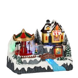 Escena Invernal con Carrusel y Tienda de Regalos a Pilas 22,5 x 15,5 x 16,5 cm Edelmann
