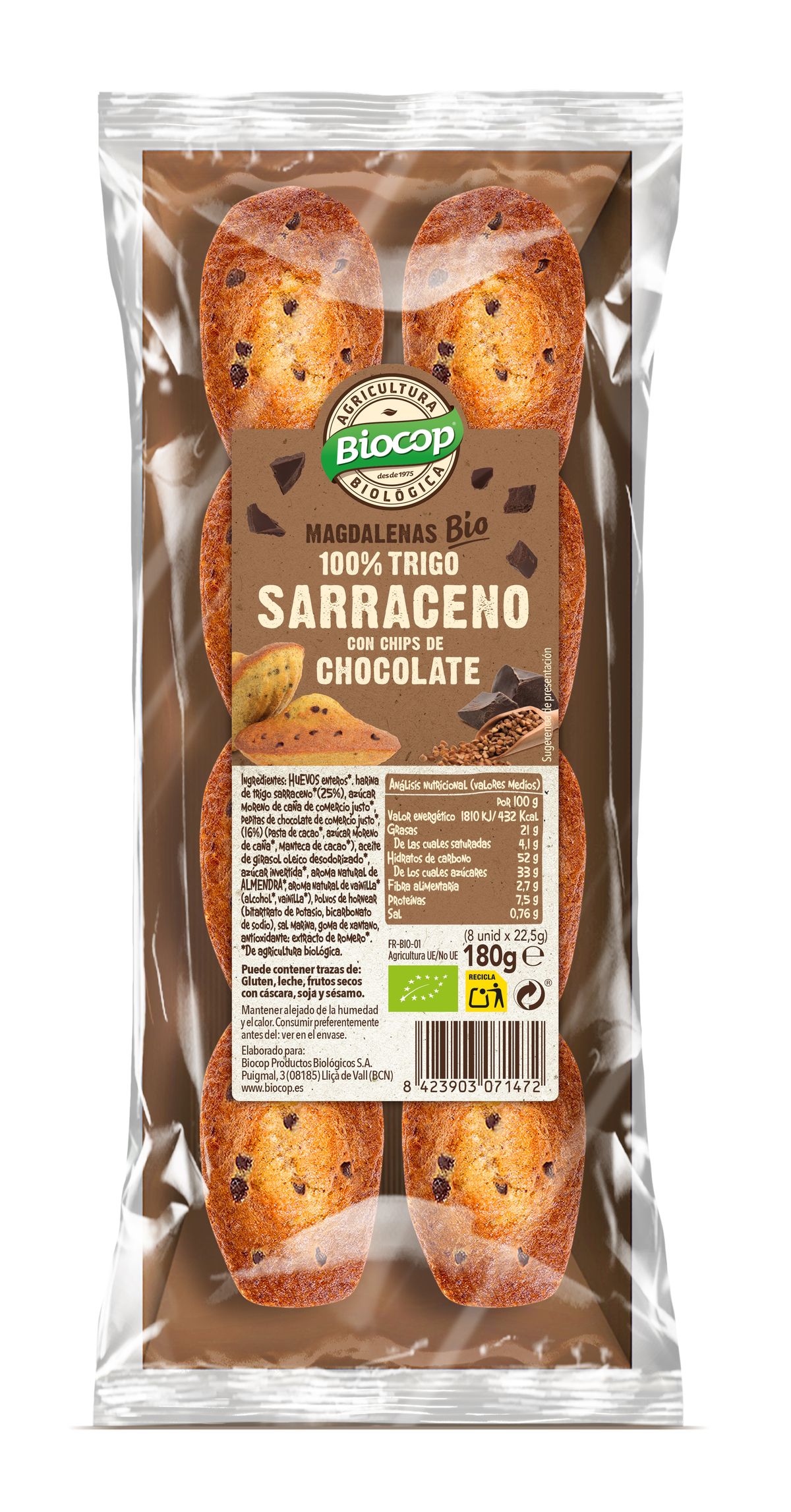 Magdalenas Trigo Sarraceno Chips Choco Biocop 180 G