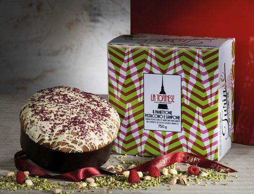Panettone Crema Pistacho Frambuesa Chocolate Blanco 750 grs Caja Turinè La Torinese