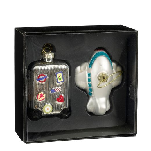 Set de 2 Adornos de Navidad Maleta y Avión Vidrio Plateado 13,5 x 12,5 x 6 cm Edelmann