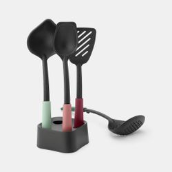 Set de 4 utensilios + Soporte incluye Cucharón Cuchara servir Espumadera+Cucharón y Espátula Surtido Colores Brabantia