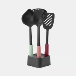 Set de 4 utensilios + Soporte incluye Cucharón Cuchara servir Espumadera+Cucharón y Espátula Surtido Colores Brabantia