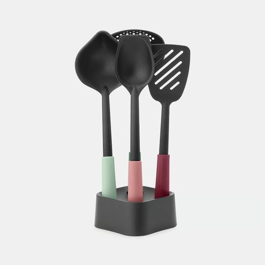 Set de 4 utensilios + Soporte incluye Cucharón Cuchara servir Espumadera+Cucharón y Espátula Surtido Colores Brabantia