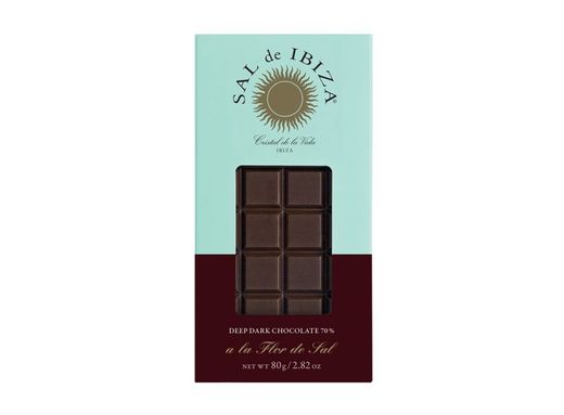 70% pure chocoladereep met bloem van zout van Ibiza 80 grs