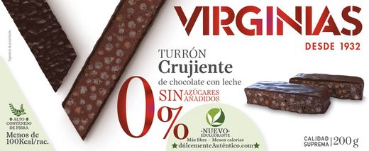 Turrón crujiente de chocolate leche sin azúcar añadido virginias 200 grs sin gluten